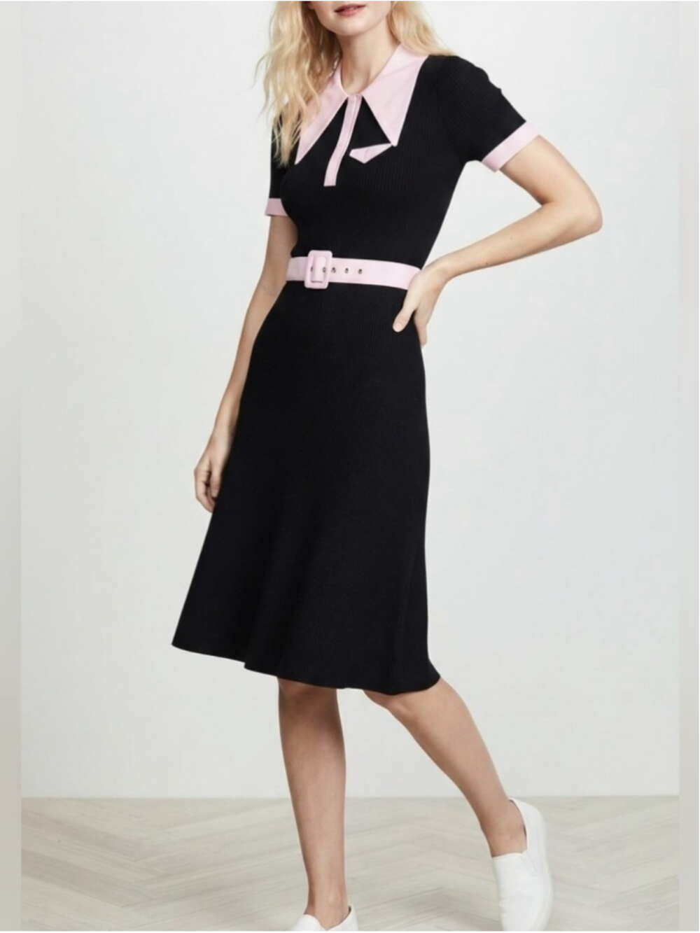 JoosTricot Polo Rib Knit Dress Collared Preppy Black Pink Old Money Sz M Stretch
